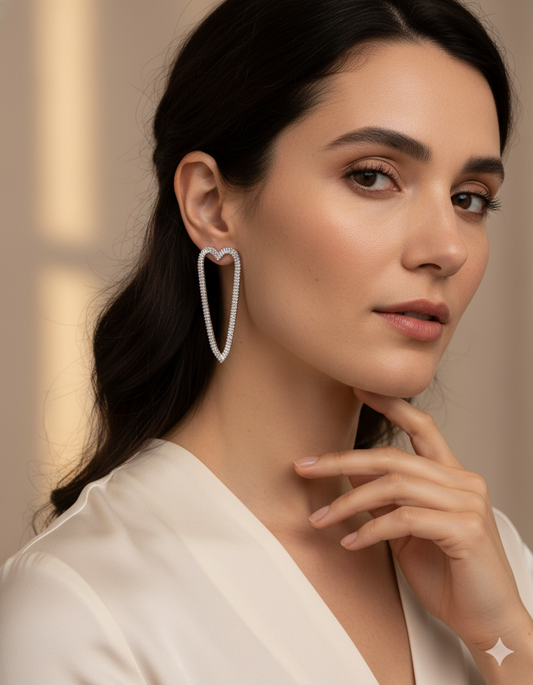Boucles d’oreilles longues pendantes cœur avec strass argentées