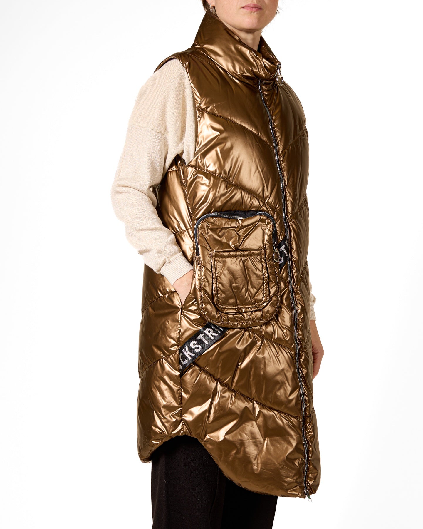 Bronze Hooded Long Puffer Vest with Front Pouch