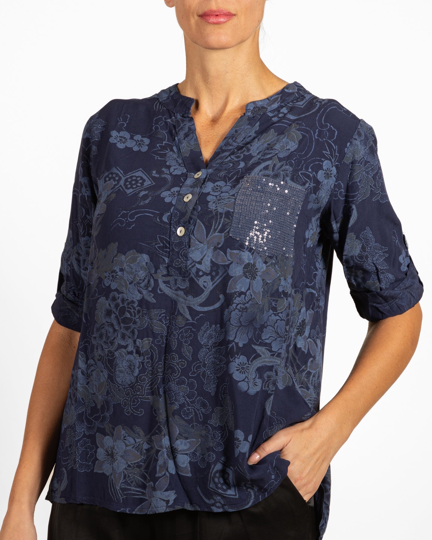 Midnight Placket Front Roll up Sleeve Sequin Pocket Floral Shirt