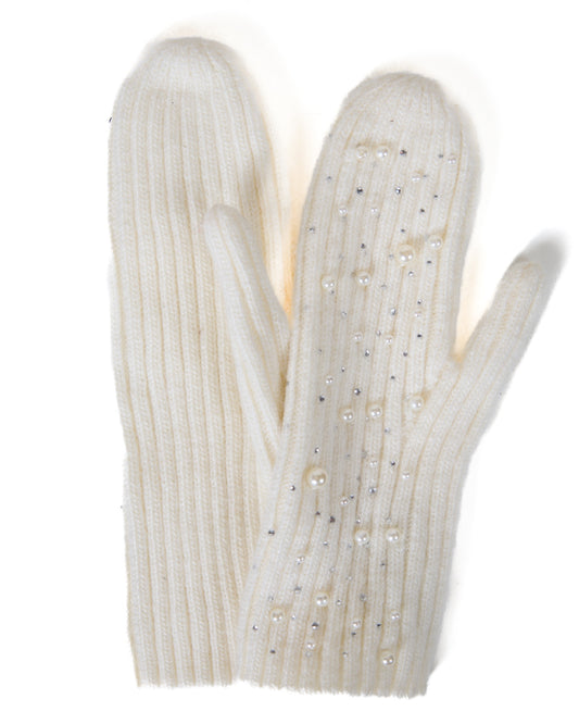 White Knitted Mittens with Pearl & Gold Details