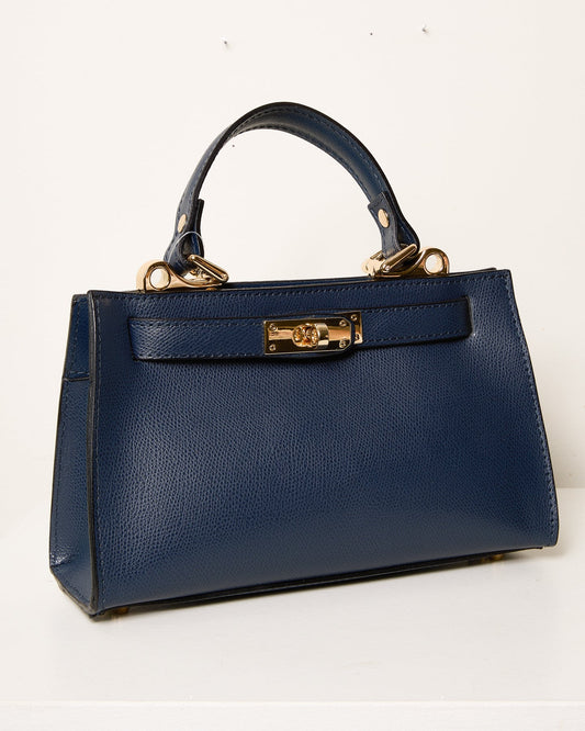 Sac à Main en Cuir Bleu avec Quincaillerie Dorée