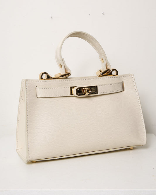 Sac à Main en Cuir Beige avec Quincaillerie Dorée