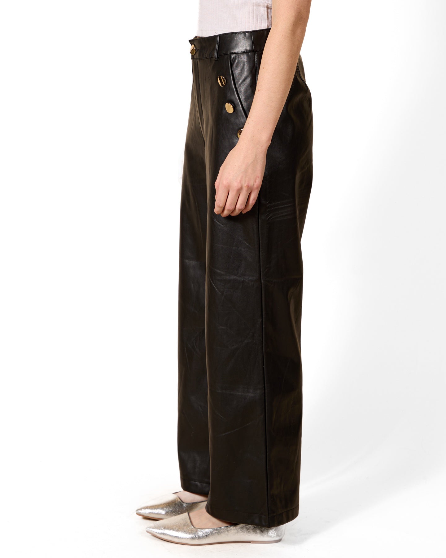 Ebony Button Front Napa Pleather Gold Button Detail Wide Leg Pant