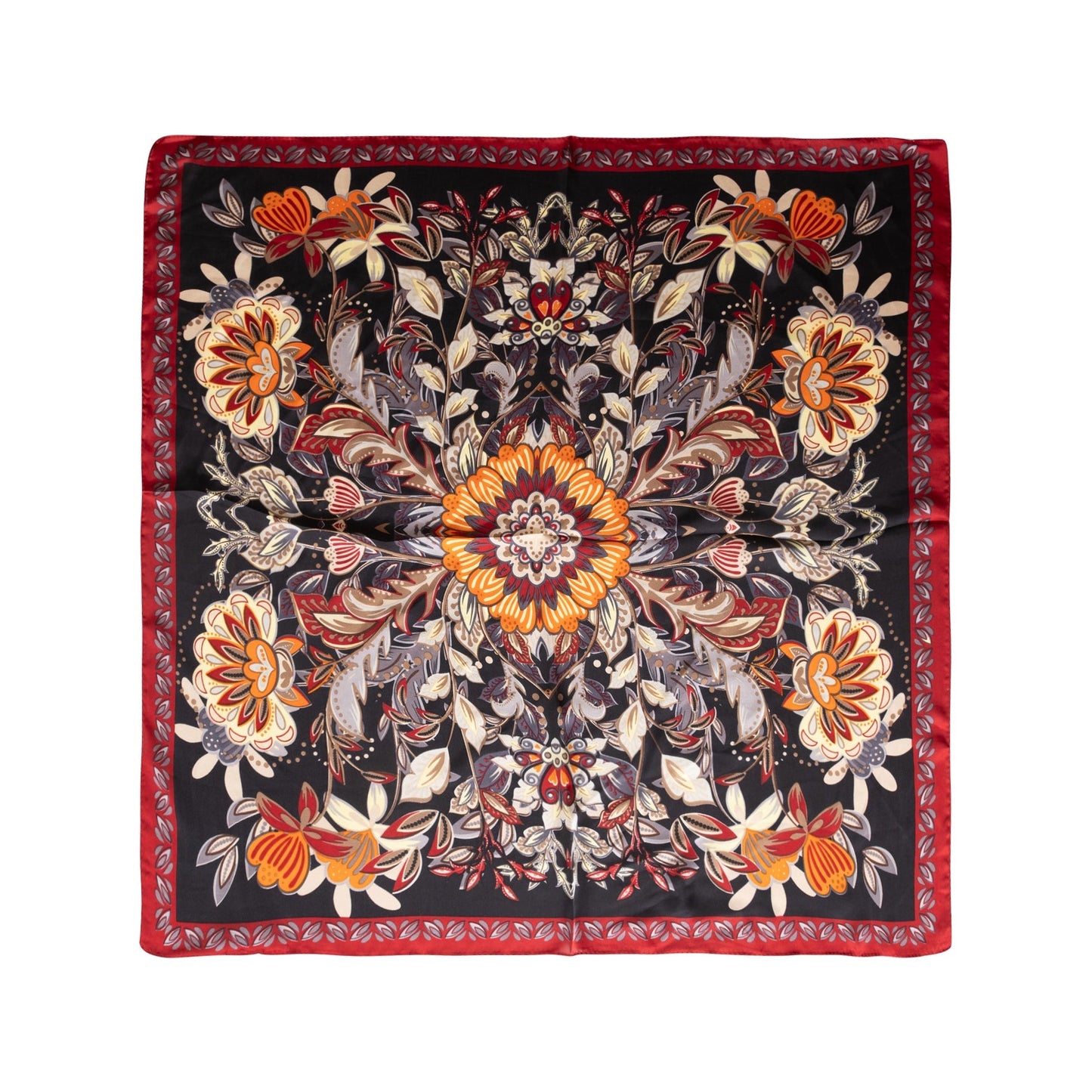 Decorative Silky Scarf with Floral Patterns and Red Border