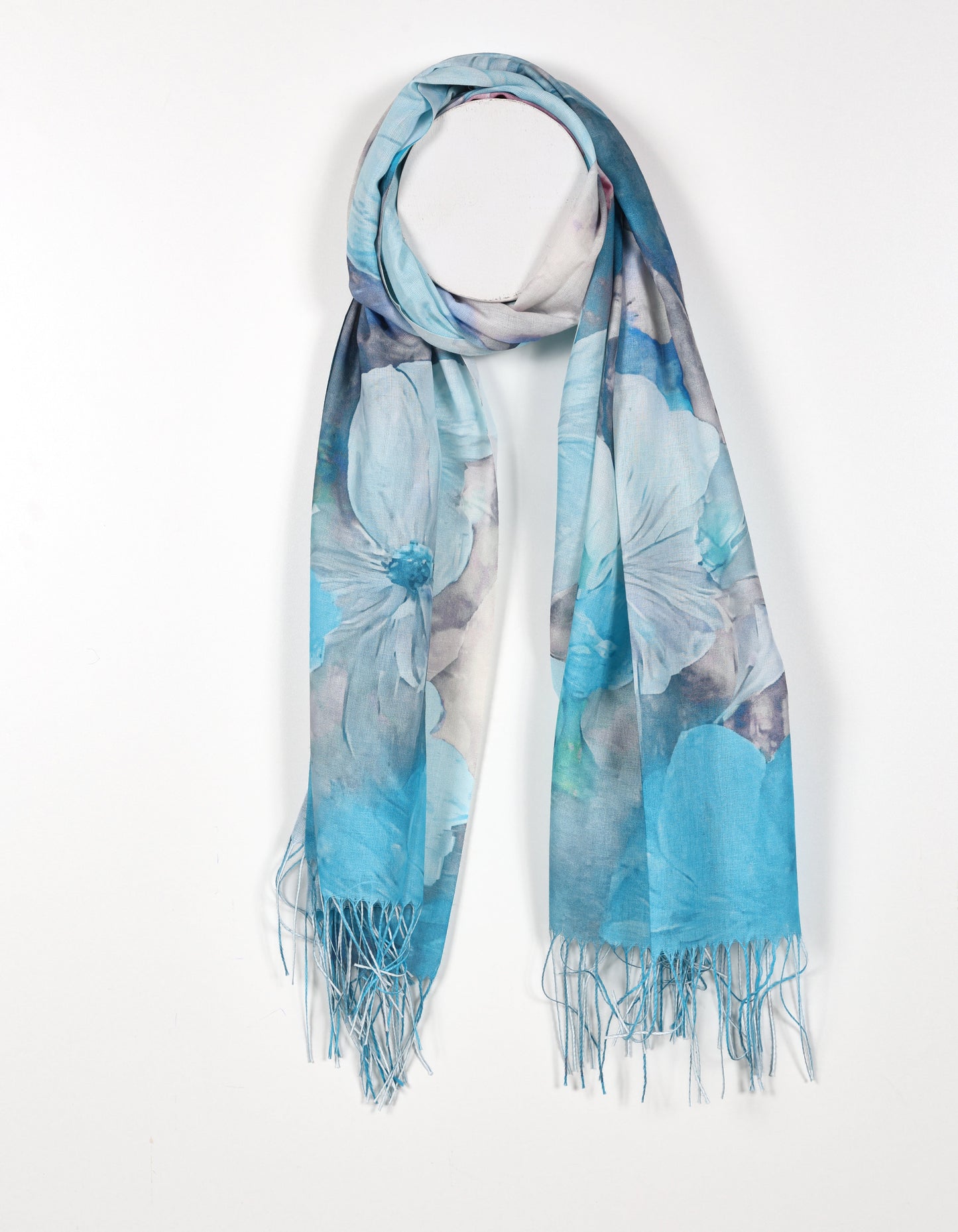 Fringed Floral Print Scarf in Blue