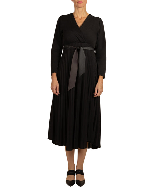 Black V Cross Over Pleated Mx Sach Belt Dress