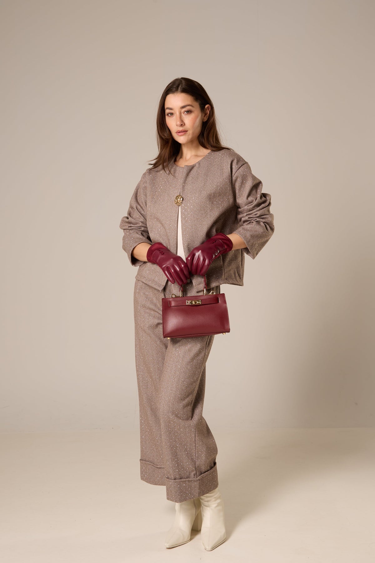 Sac à Main en Cuir Bourgogne avec Quincaillerie Dorée