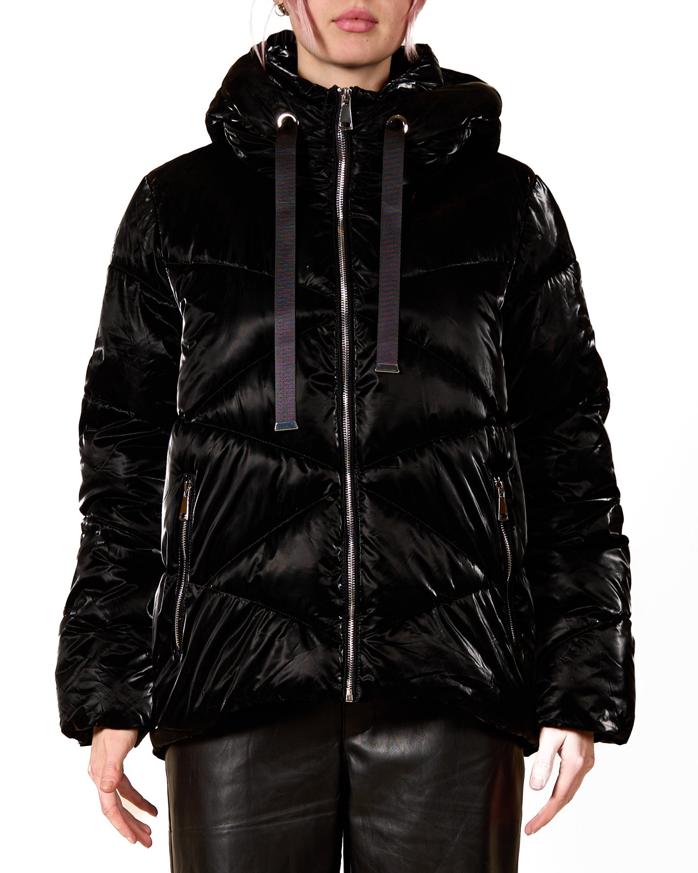 Ebony Velour Puffer Jacket with Zippered Pockets