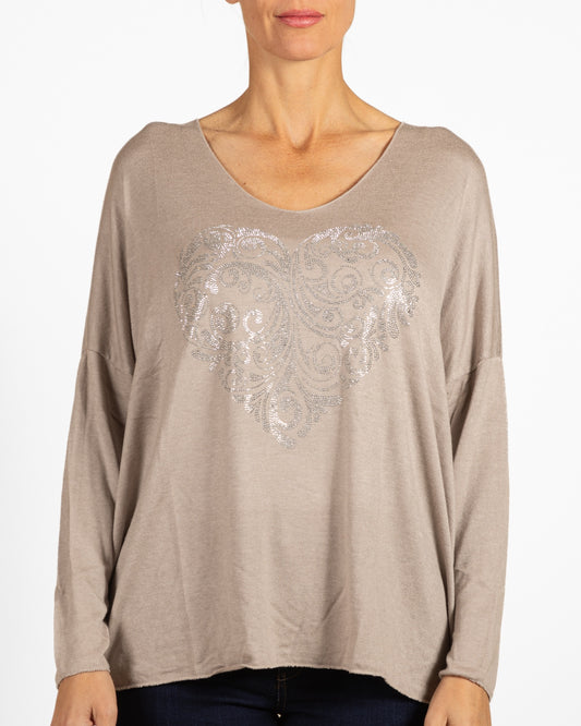 Cappuccino Scoop V Neck Drp Shoulder Rhinestone Paisley Front Hrt Pullover