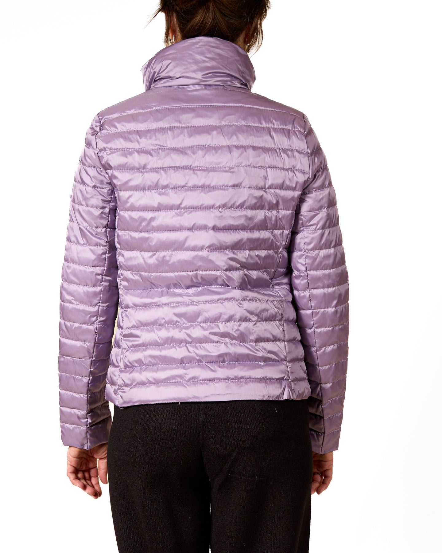 Lavender Asymmetrical Zip Quilted Jacket with Ruffle Accents