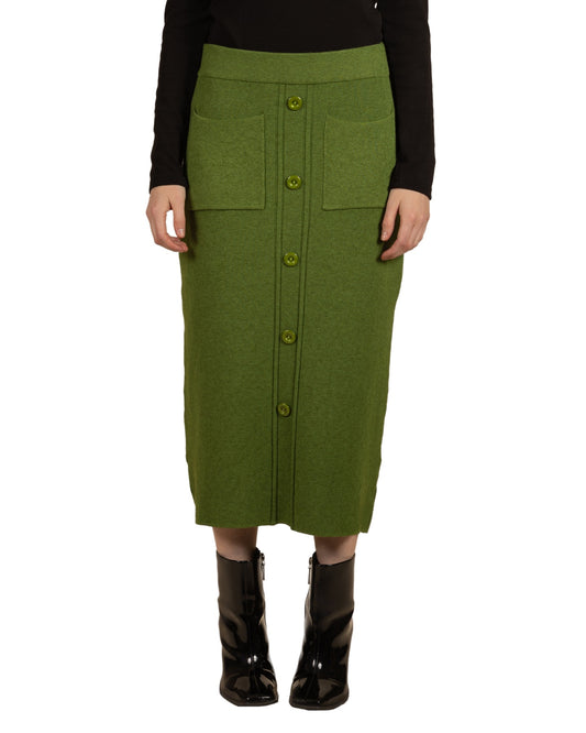 Olive Pull On Button Front 2 Pocket Back Slit Skirt