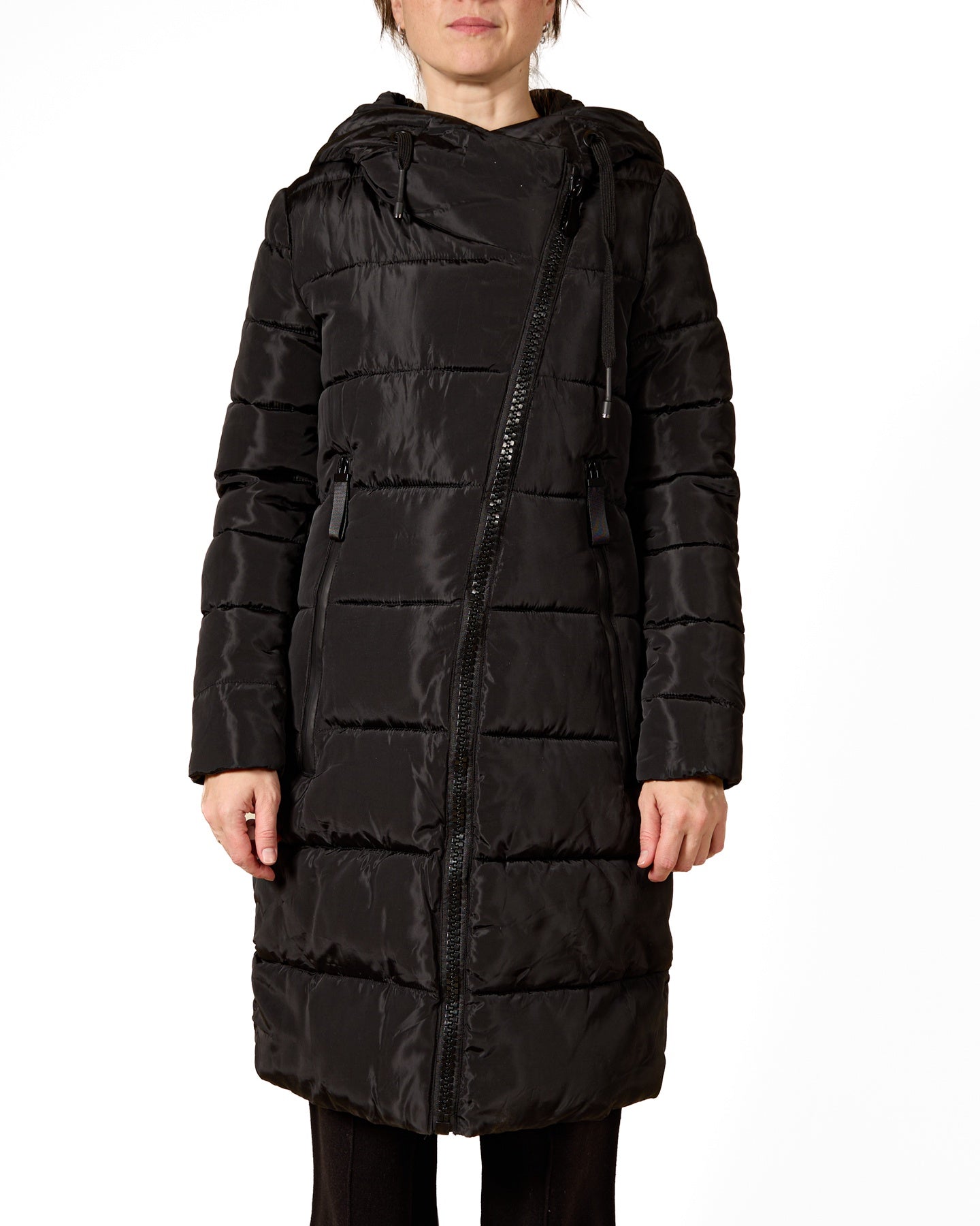 Manteau matelassé long noir avec fermeture éclair asymétrique Ébène