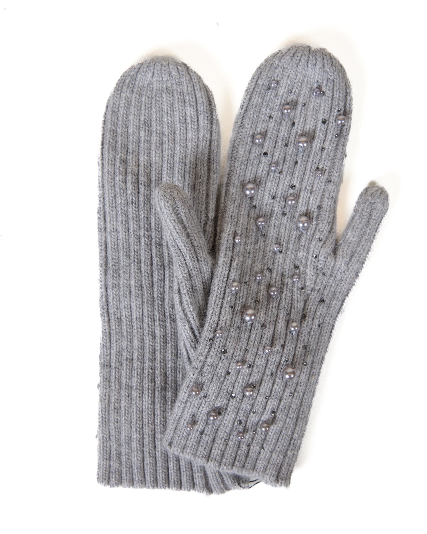 Gray Knitted Mittens with Pearl & Gold Details