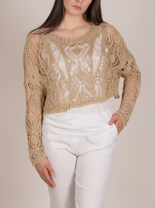 Gold Lurex Open-Knit Long Sleeve Sweater