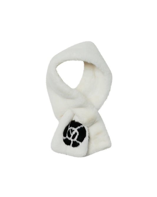 White Faux Fur Scarf with Black Rose Detail