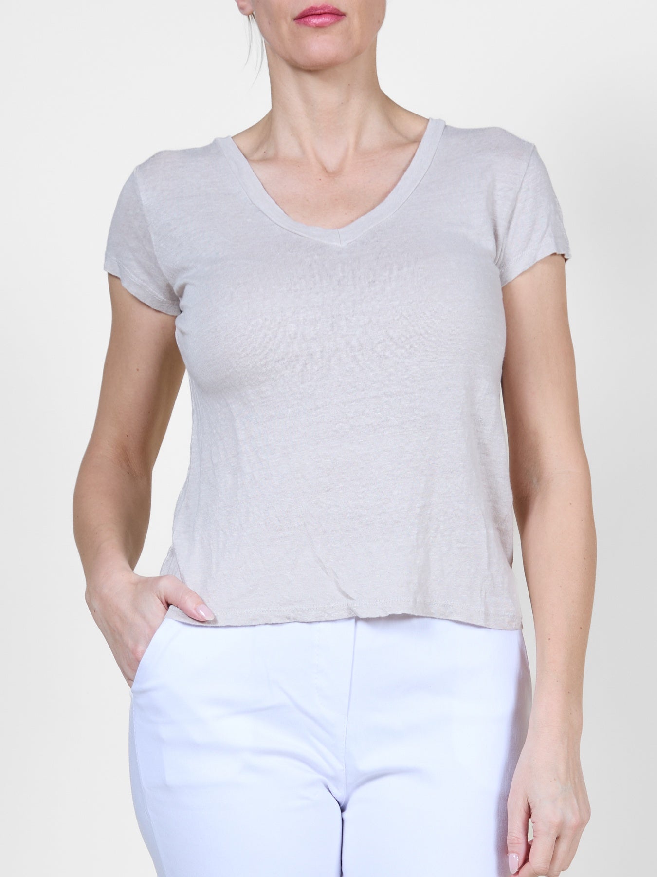 Beige V-Neck Linen T-Shirt