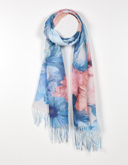 Floral Fringe Scarf in Blue