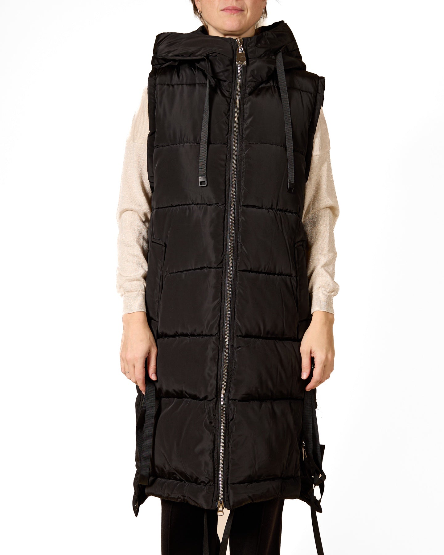 Ebony Hooded Zip Front Zipper Detail Ribbon Detail 2 Pocket Vest