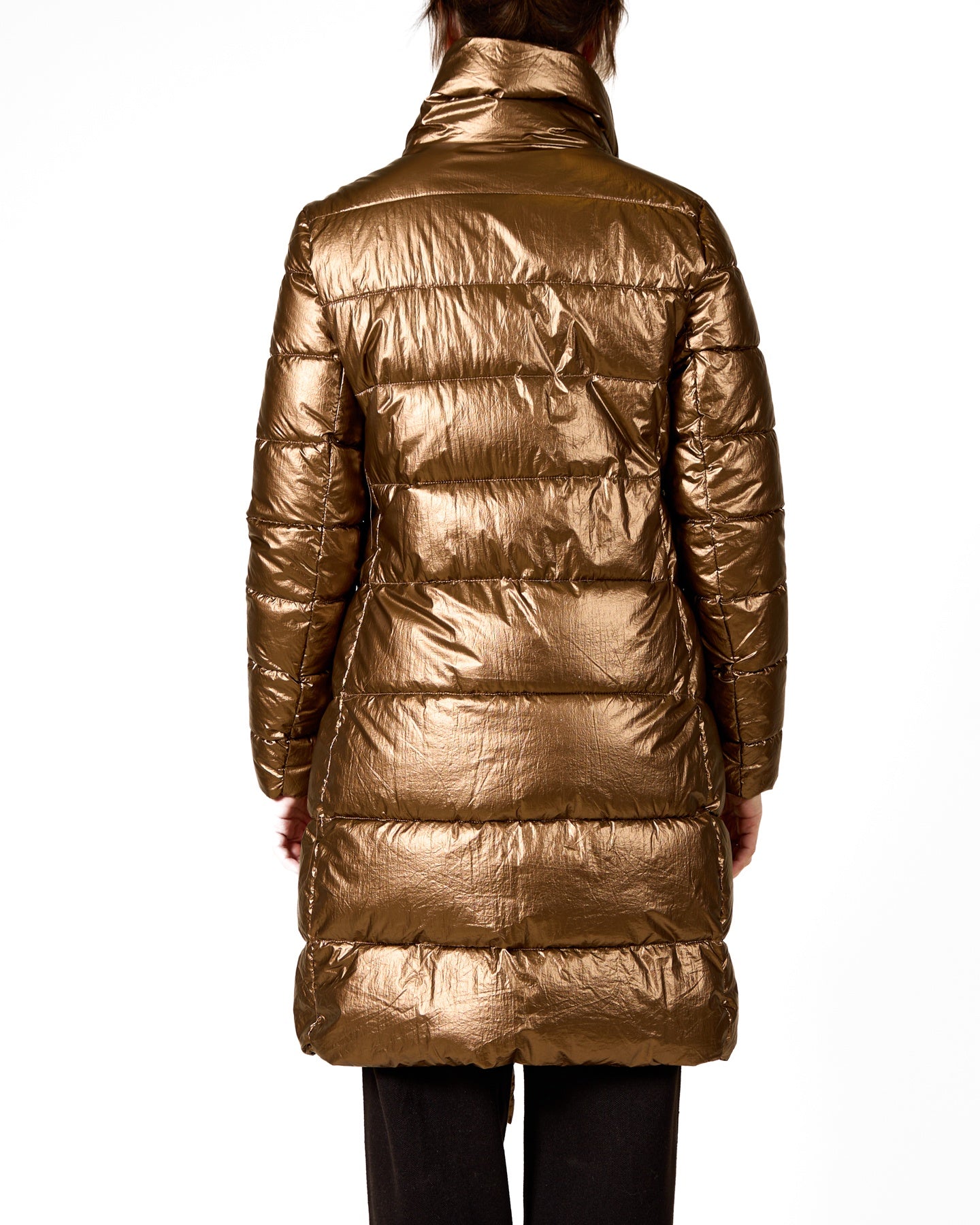 Bronze Hooded Long Puffer Jacket with Front Pouch