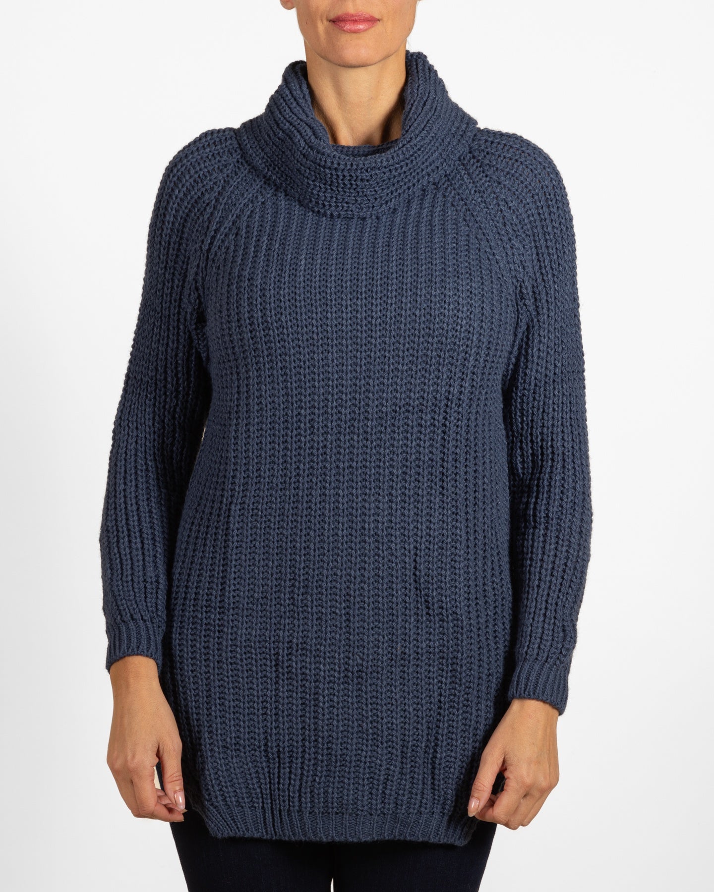 Denim Blue Drop Shoulder Cowl Neck Tunic Sweater