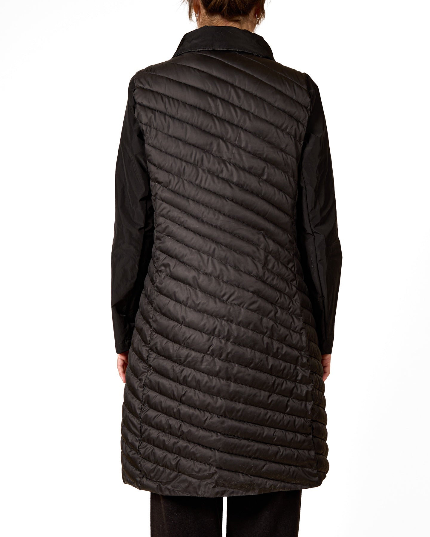 Ebony Quilted Long Vest with Folded Collar and Tie Detail