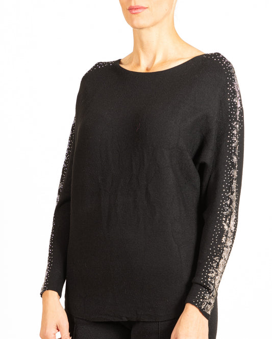 Black Round Neck Rhinestone Detail Sleeve Pullover