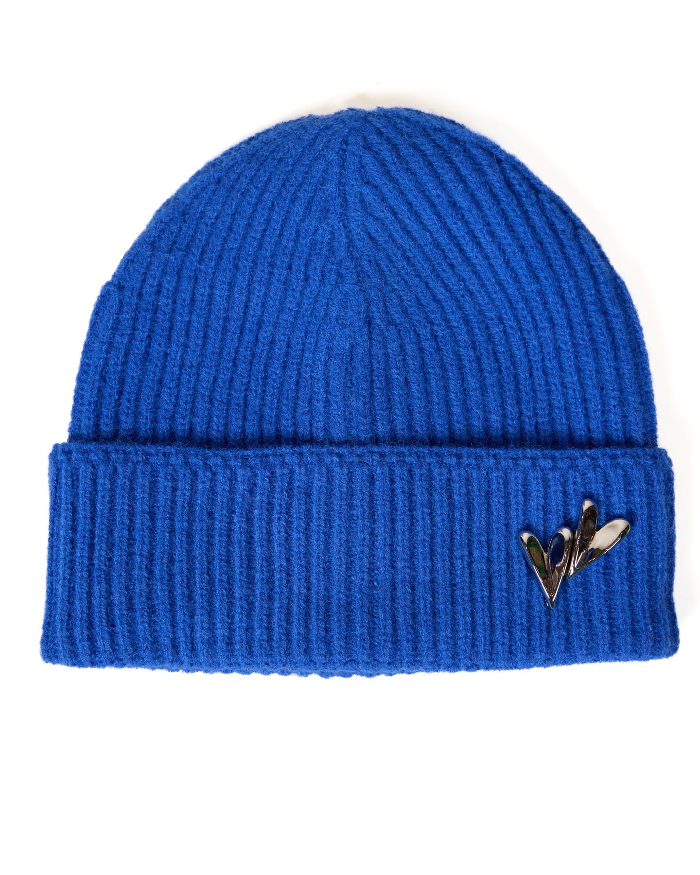 Blue Knit Beanie with Double Silver Heart Detail