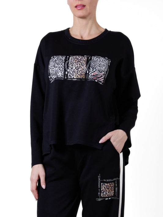 Crew Neck Pullover Slit Band Neckline W/ Cheetah Foil Flake