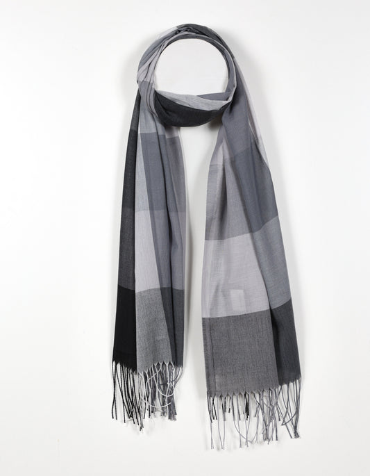 Black - Large Plaid Print Scarf with Fringed Ends