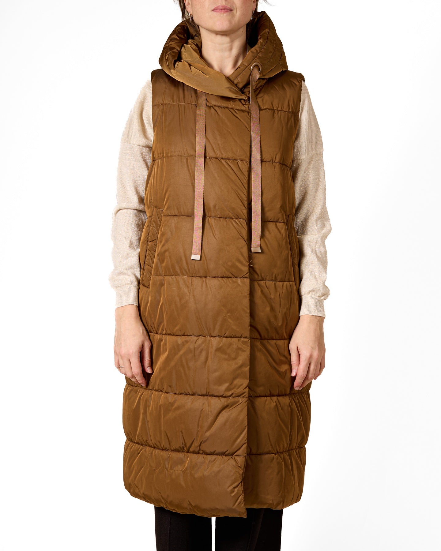 Butterscotch Hooded Longline Puffer Vest