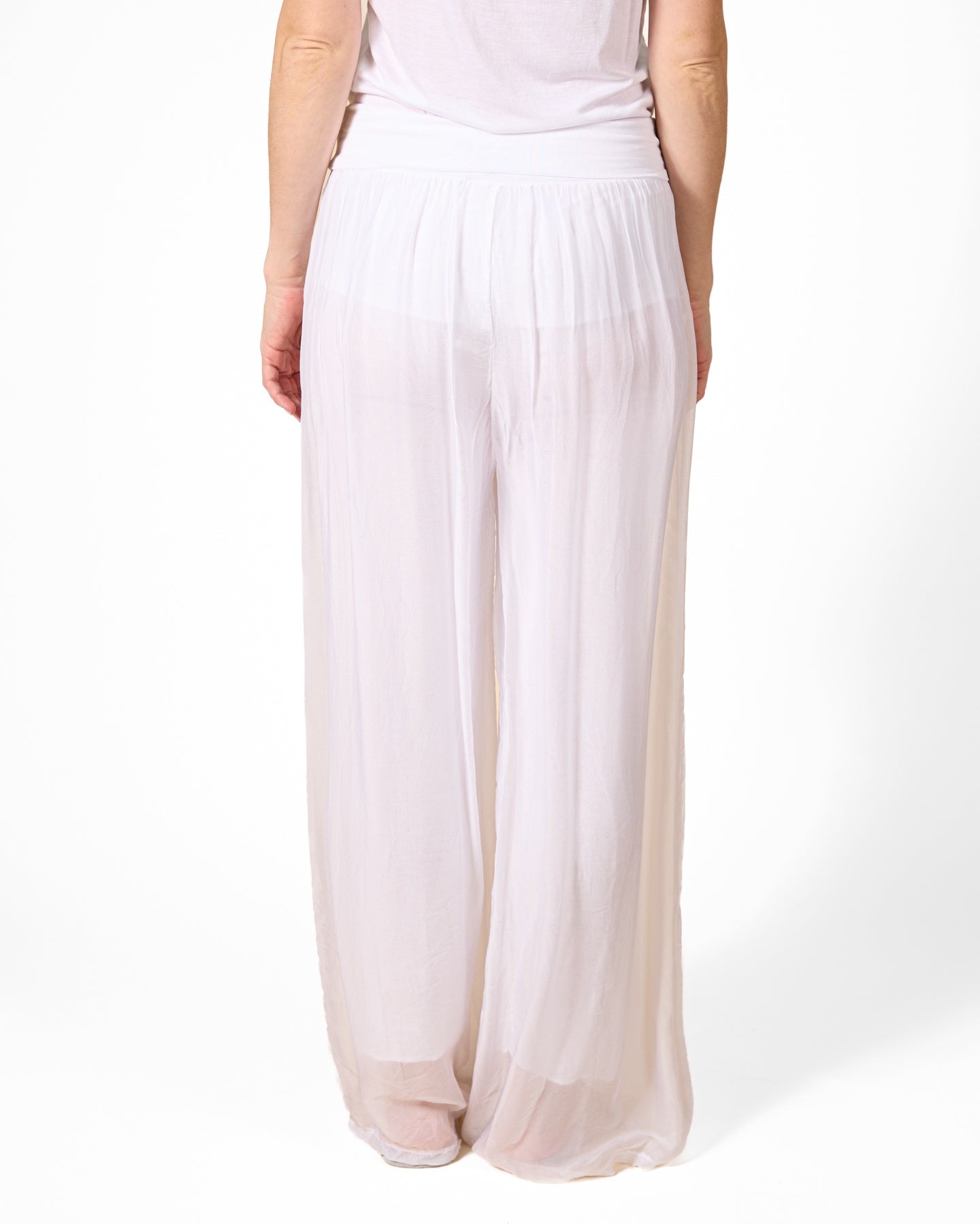 White Pull On Wide Band Silk Combo Lined Pants