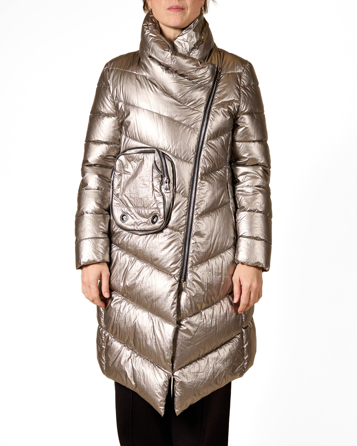 Silver Hooded Long Puffer Jacket with Front Pouch