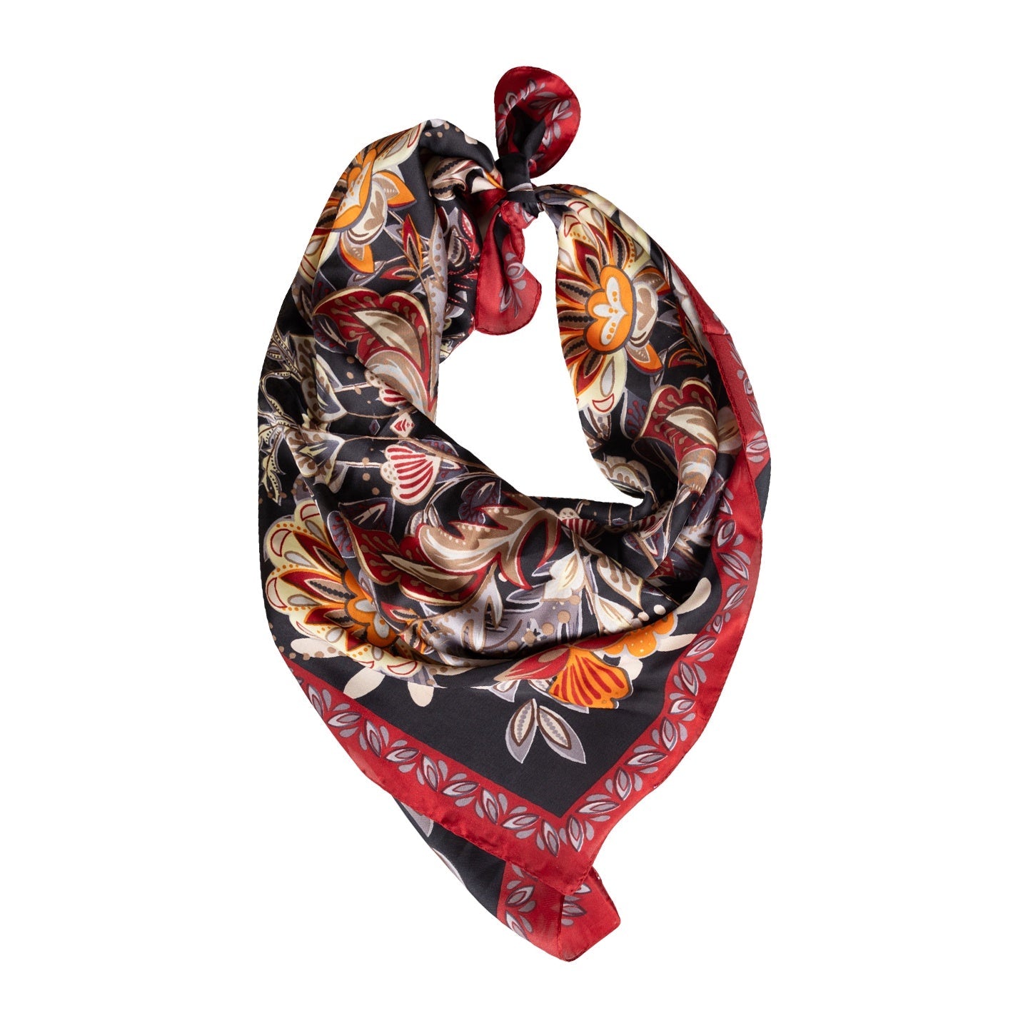 Decorative Silky Scarf with Floral Patterns and Red Border