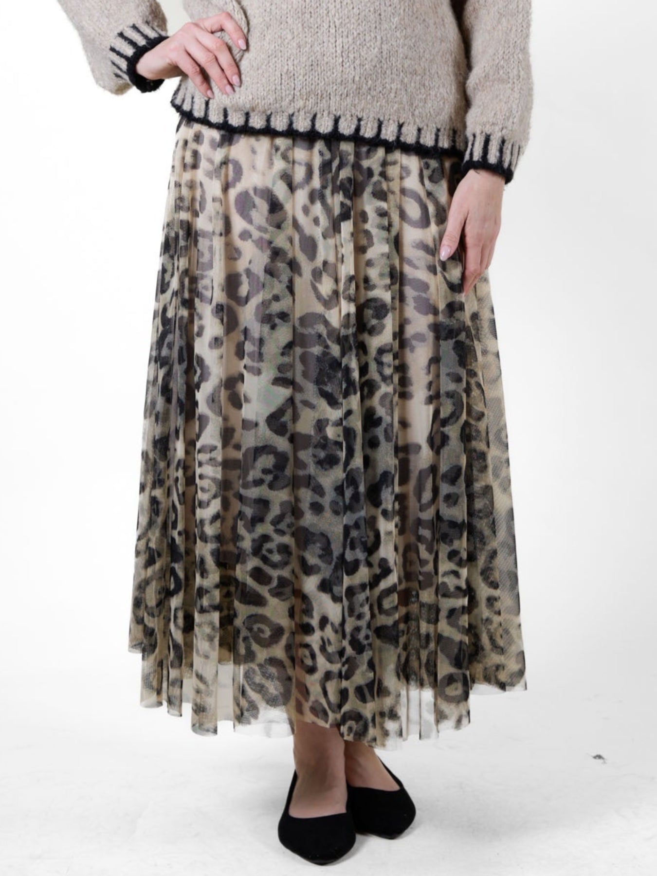 Beige Pull On Double Layer Animal Mesh Skirt