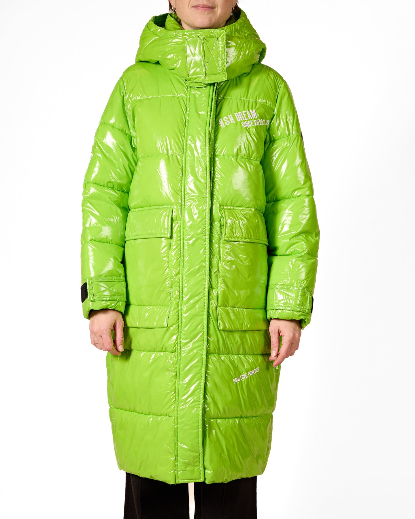 Lime Green Cargo Pocket Long Puffer Coat