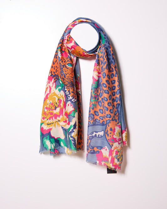 Navy Vibrant Cheetah and Floral Printed Oversized Scarf