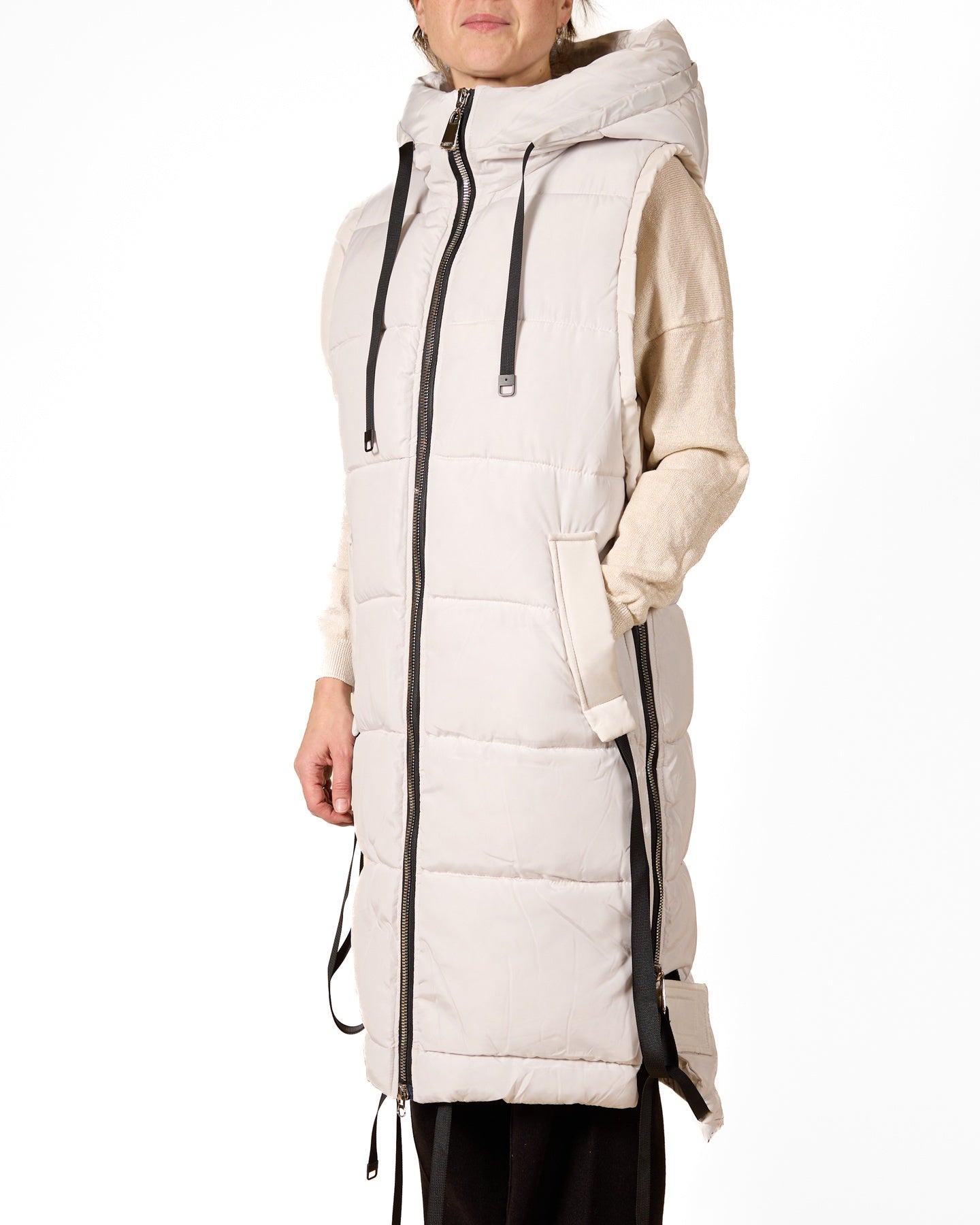 Snow Hooded Zip Front Zipper Detail Ribbon Detail 2 Pocket Vest