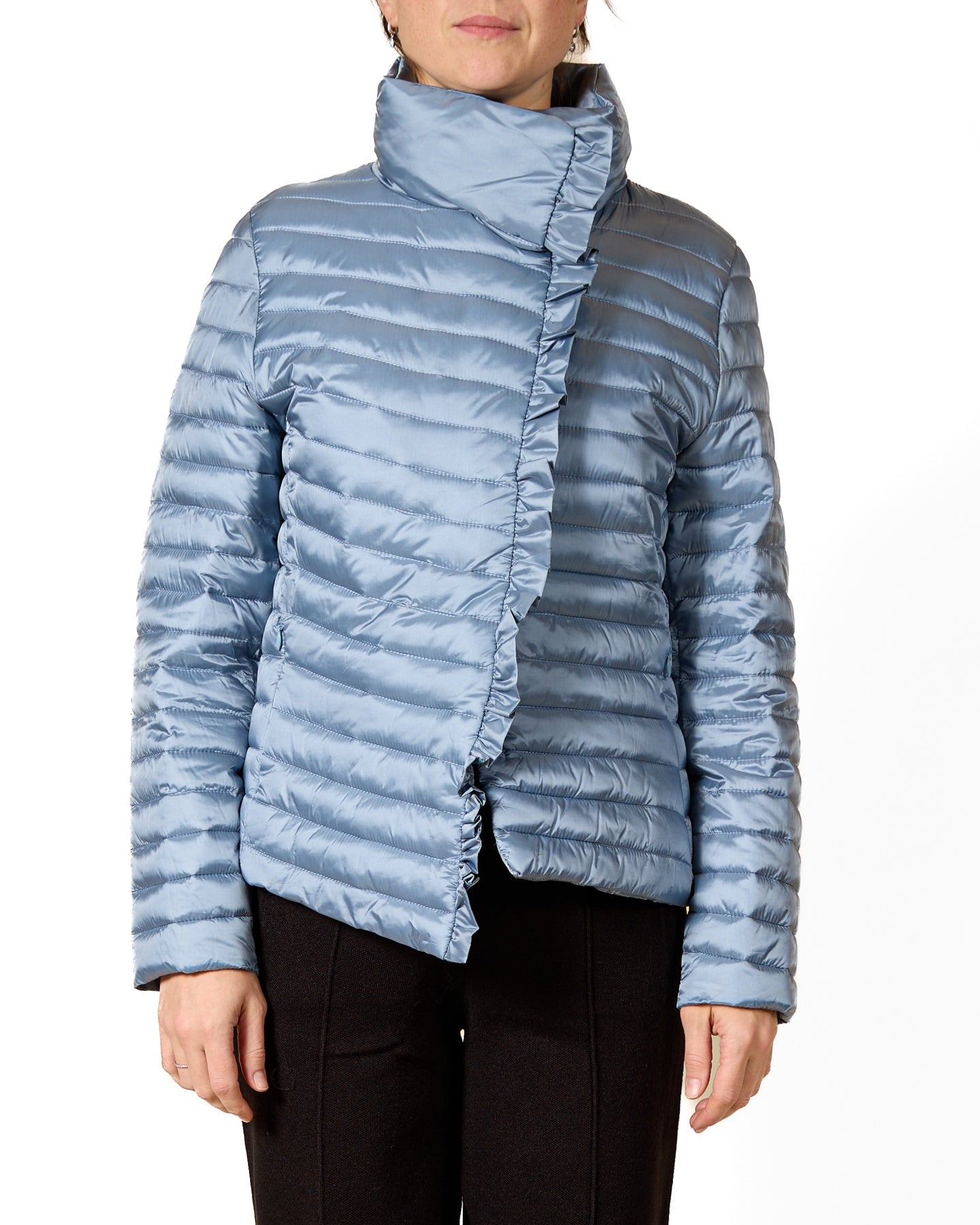 Sky Blue Asymmetrical Zip Quilted Jacket with Ruffle Accents