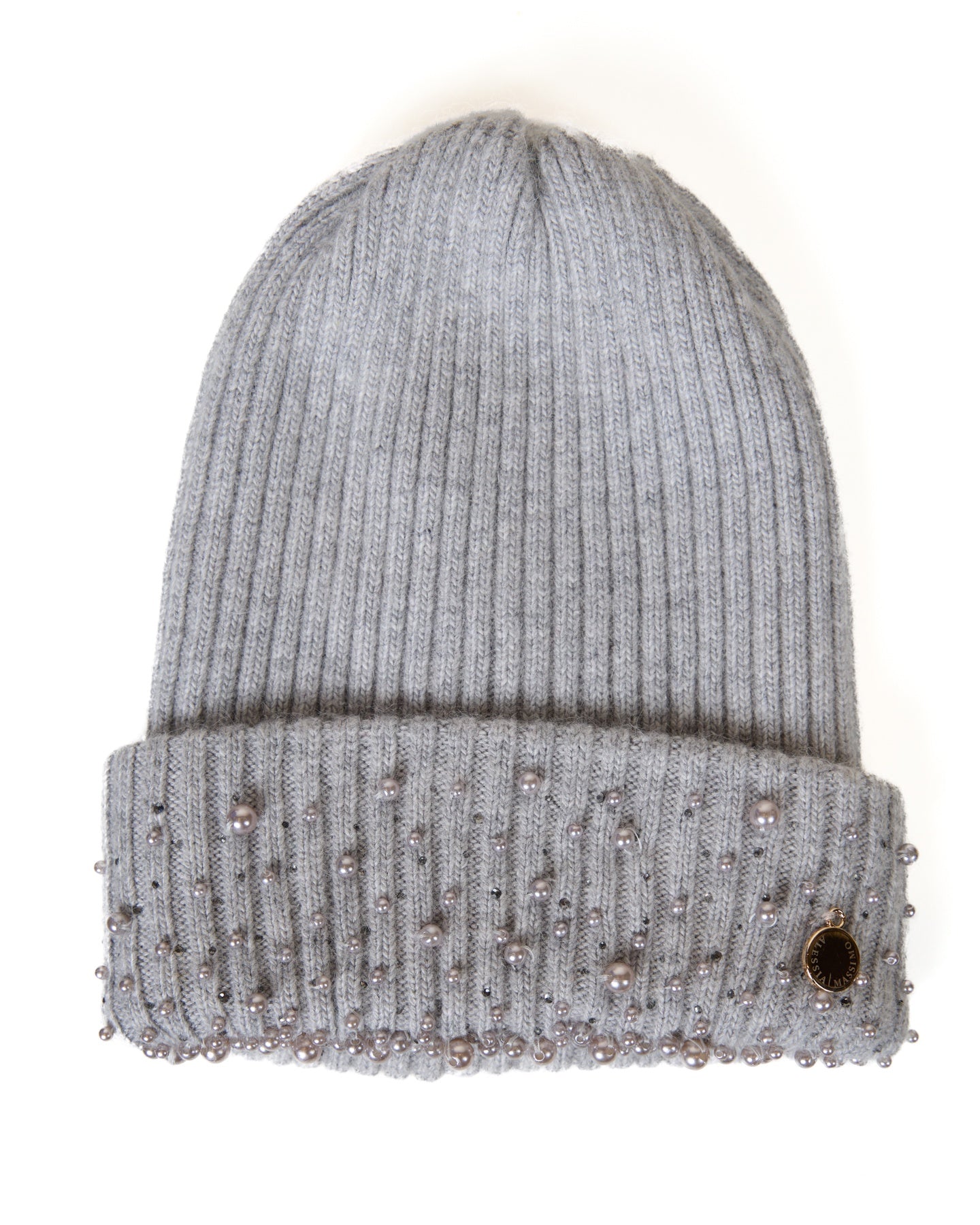 Gray Pearl-Embellished Knit Beanie with Gold Emblem