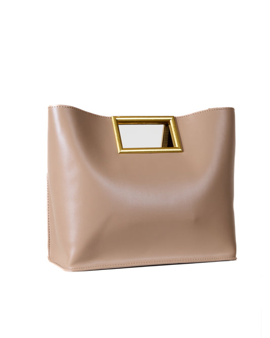 Taupe Leather Bag with Gold Handle and Removable Straps