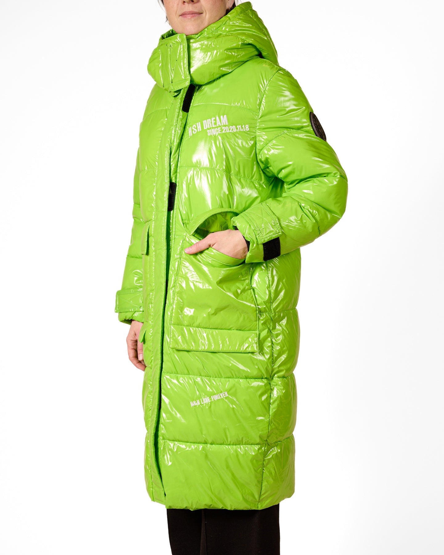 Lime Green Cargo Pocket Long Puffer Coat