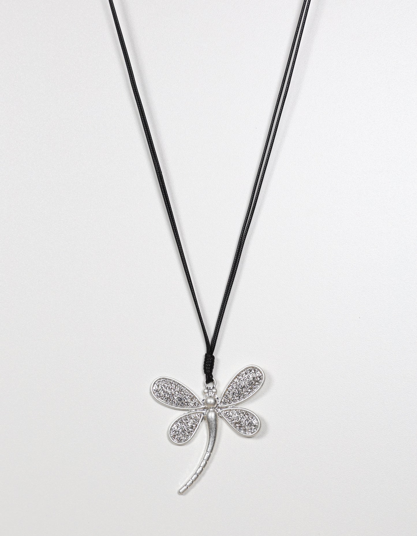 Silver Cord Necklace with Crystal Dragonfly Pendant