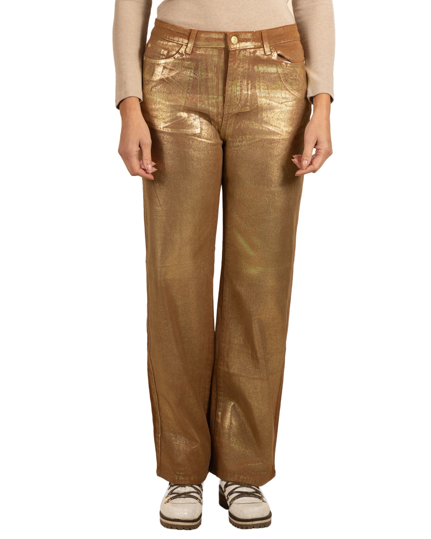 Cognac Button Front Gold Foil Front Denim Straight Leg Pant