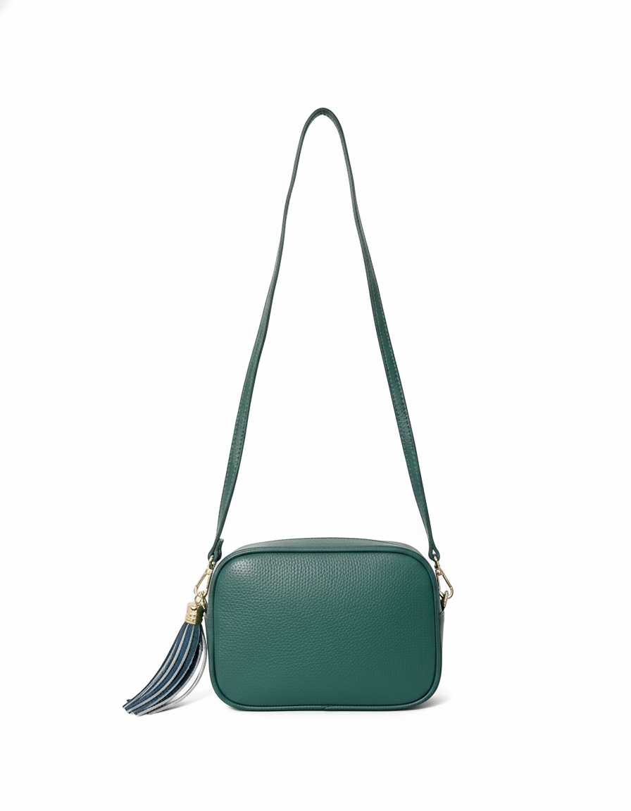 Green Pebbled Leather Crossbody Bag with Tassel Detail