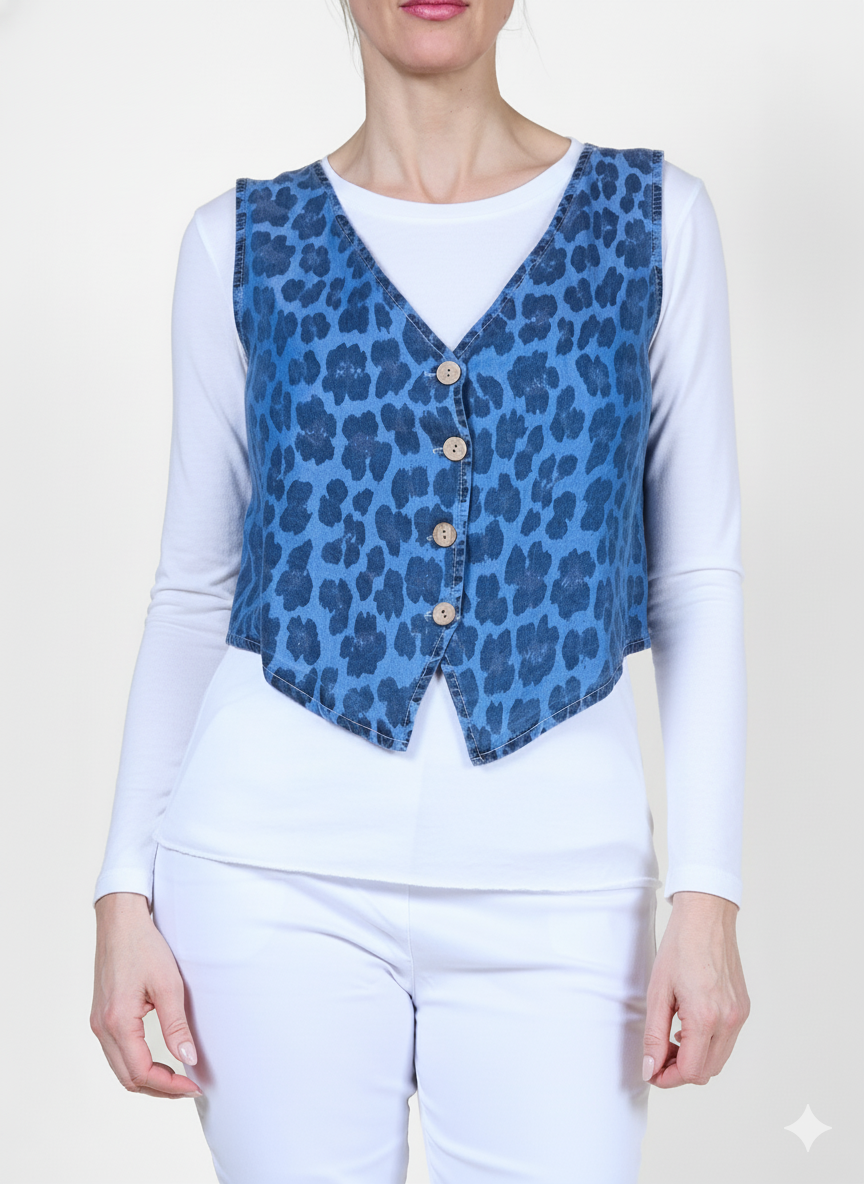 Veste sans manches en imprimé animal à boutons devant