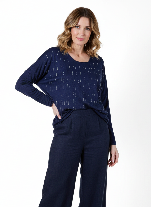 Midnight Scoop Neck Drop Shoulder Tear Drop Rhinestone Long Sleeve