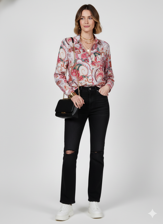 Watermelon Roll Up Sleeve Button Front Paisley Blouse