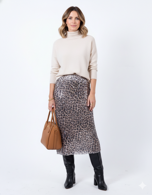 Beige Pull on Leopard Animal Sequin Skirt