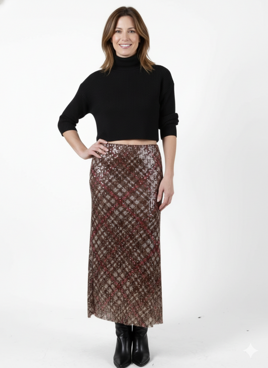 Espresso Pull On Plaid Sequin Skirt