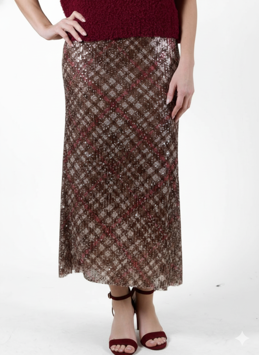 Espresso Pull On Plaid Sequin Skirt